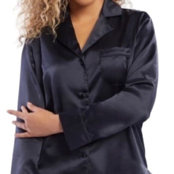 Savage x Fenty Pajama Top Black Satin Feel Collared Long Sleeve Button Down XS - Picture 1 of 4